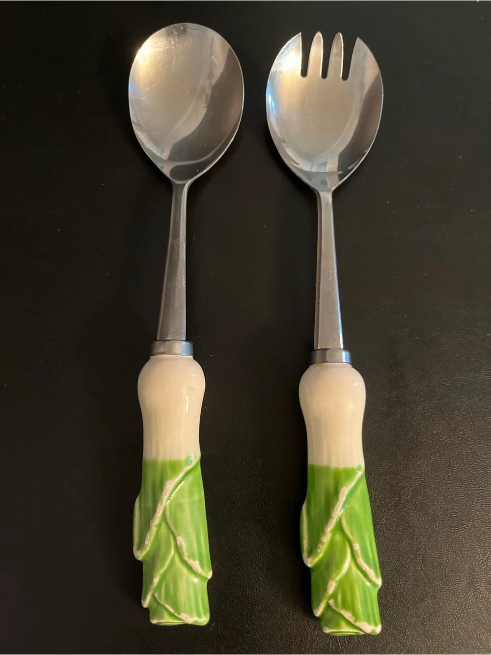 Vintage Shafford Set of salad serving spoon and fork with green ceramic handles